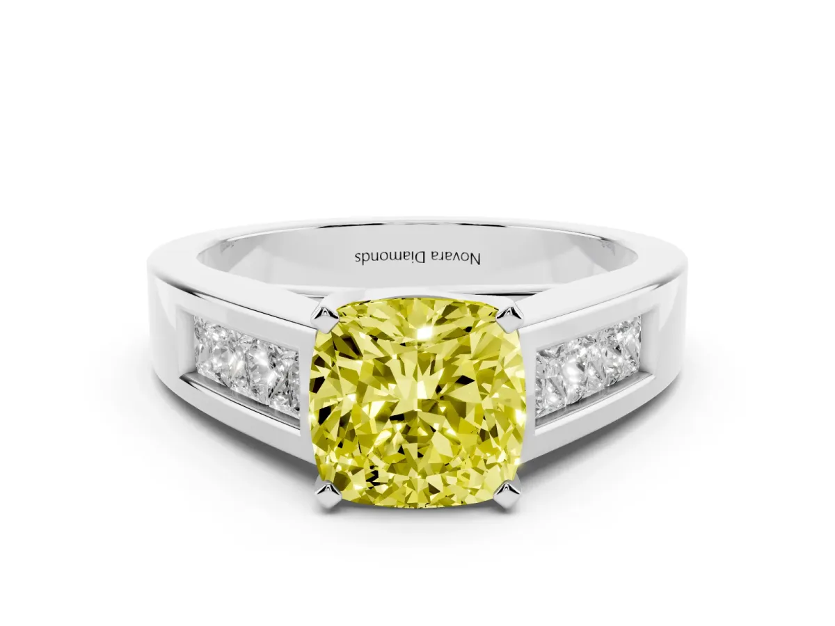 Fancy Yellow Cushion Cut Diamond Solitaire Ring Set in Silver with Channel-Set Accent Stones and Prong Setting