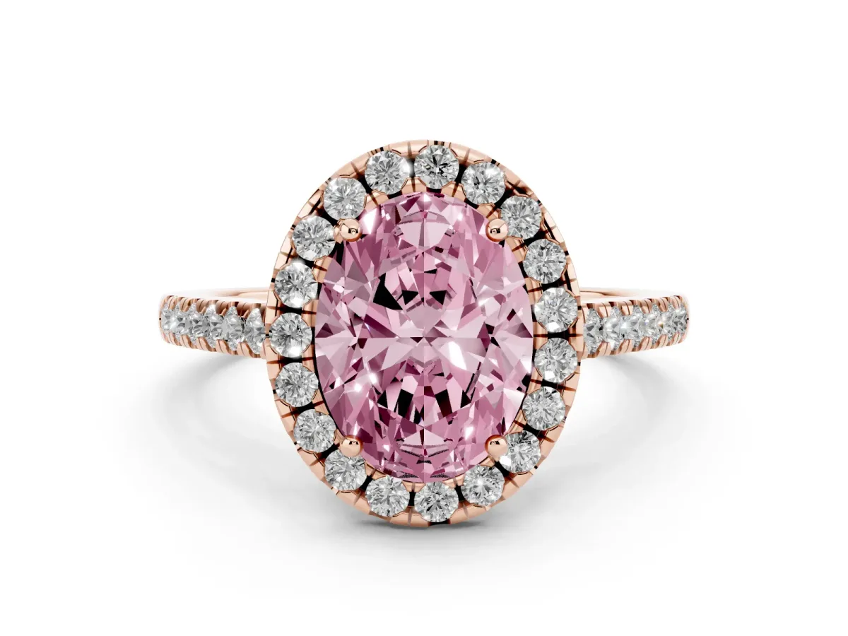 Fancy Pink Oval Cut Diamond Pavé Halo Engagement Ring Set in Rose gold with Pavé Band and Prong Setting