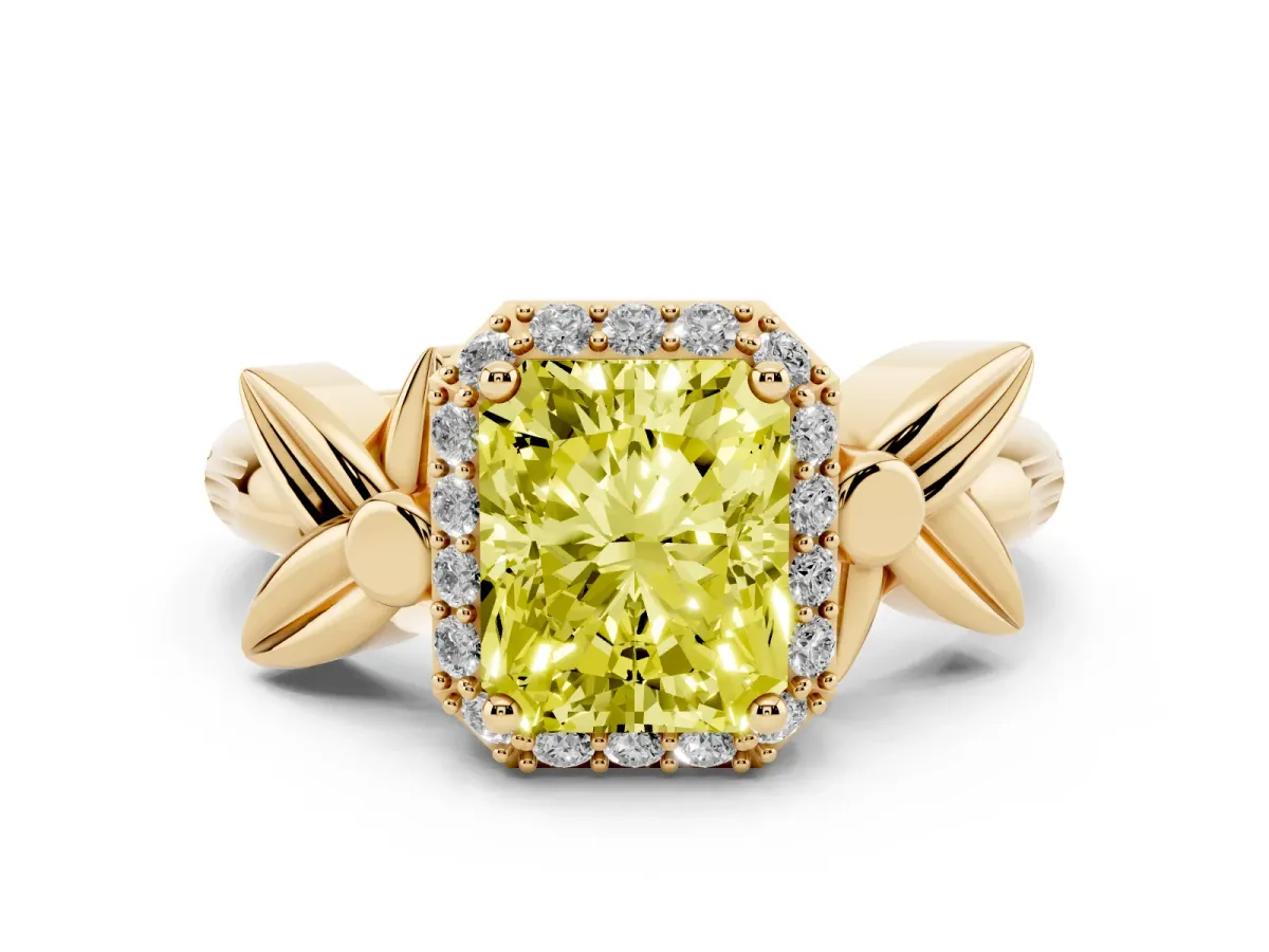 Fancy Yellow Radiant Cut Diamond Halo Floral Band Ring Set in Yellow gold with Prong Setting