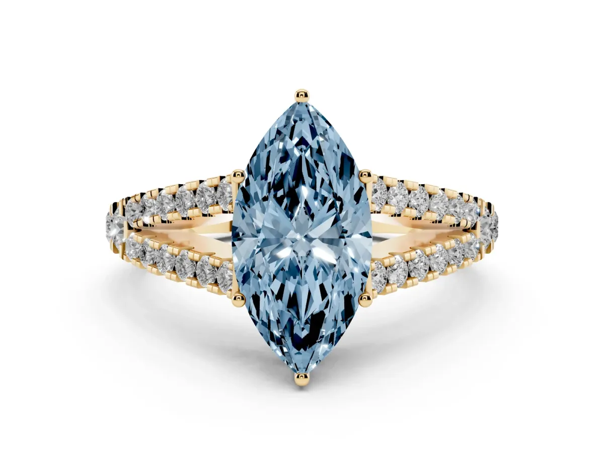 Fancy Blue Marquise Cut Diamond Split Shank Pavé Engagement Ring Set in Yellow gold with Prong-Held Center Stone