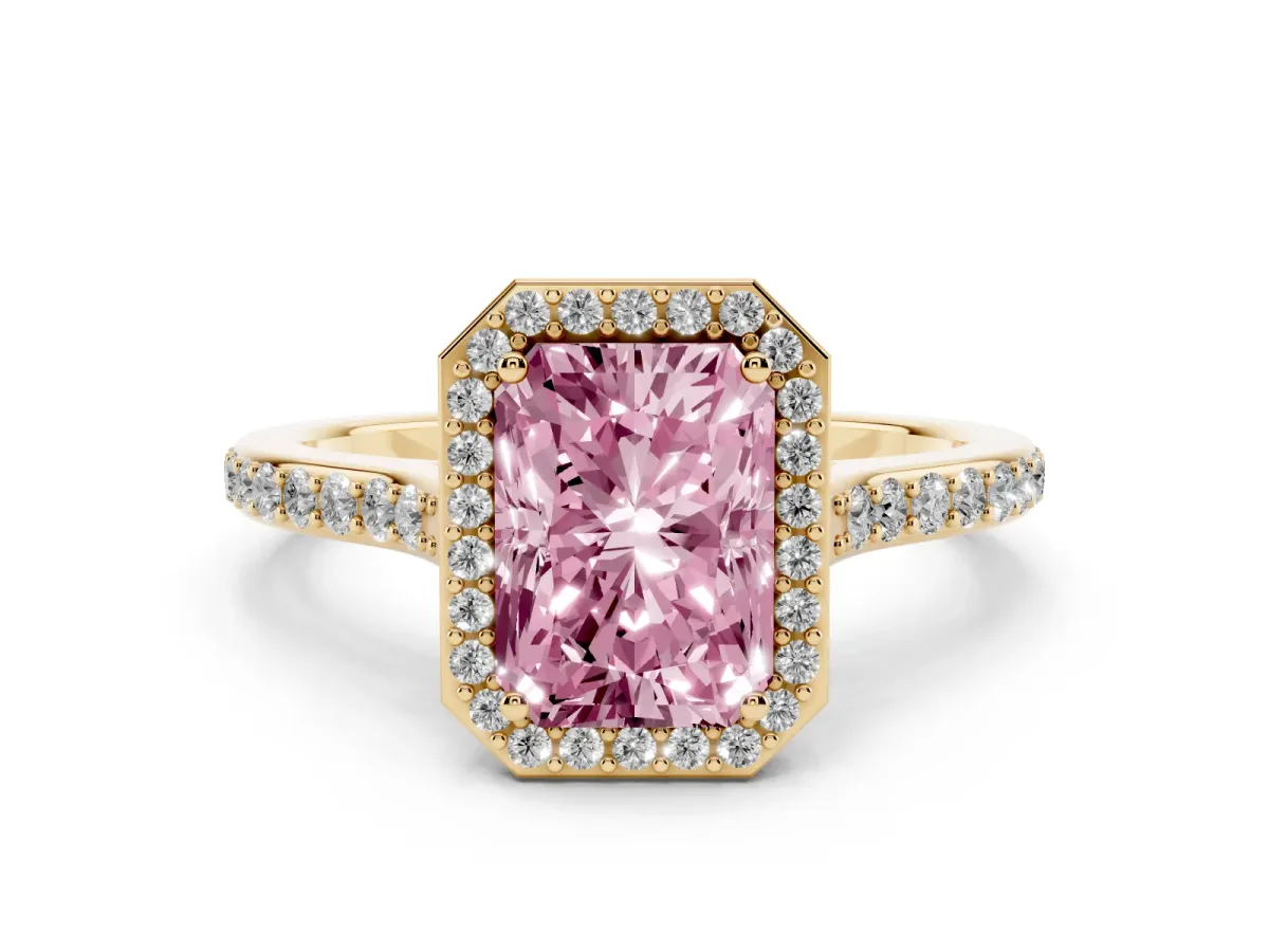 Fancy Pink Radiant Cut Diamond Halo Engagement Ring Set in Yellow gold with Round Pavé Shoulders and Heart Gallery