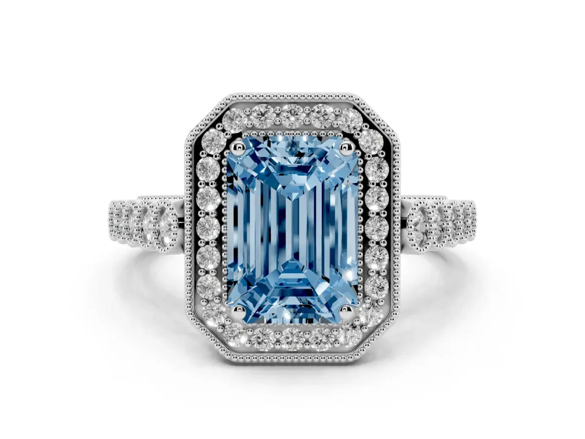 Fancy Blue Emerald Cut Diamond Milgrain Halo Solitaire Ring Set in Platinum with Bezel Set Side Stones and Pavé Band