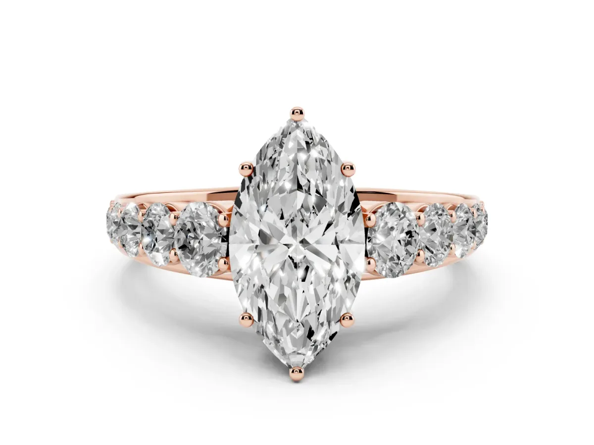 Marquise Cut Diamond Solitaire Ring Set in Rose gold with Pavé-Set Band and Prong Setting