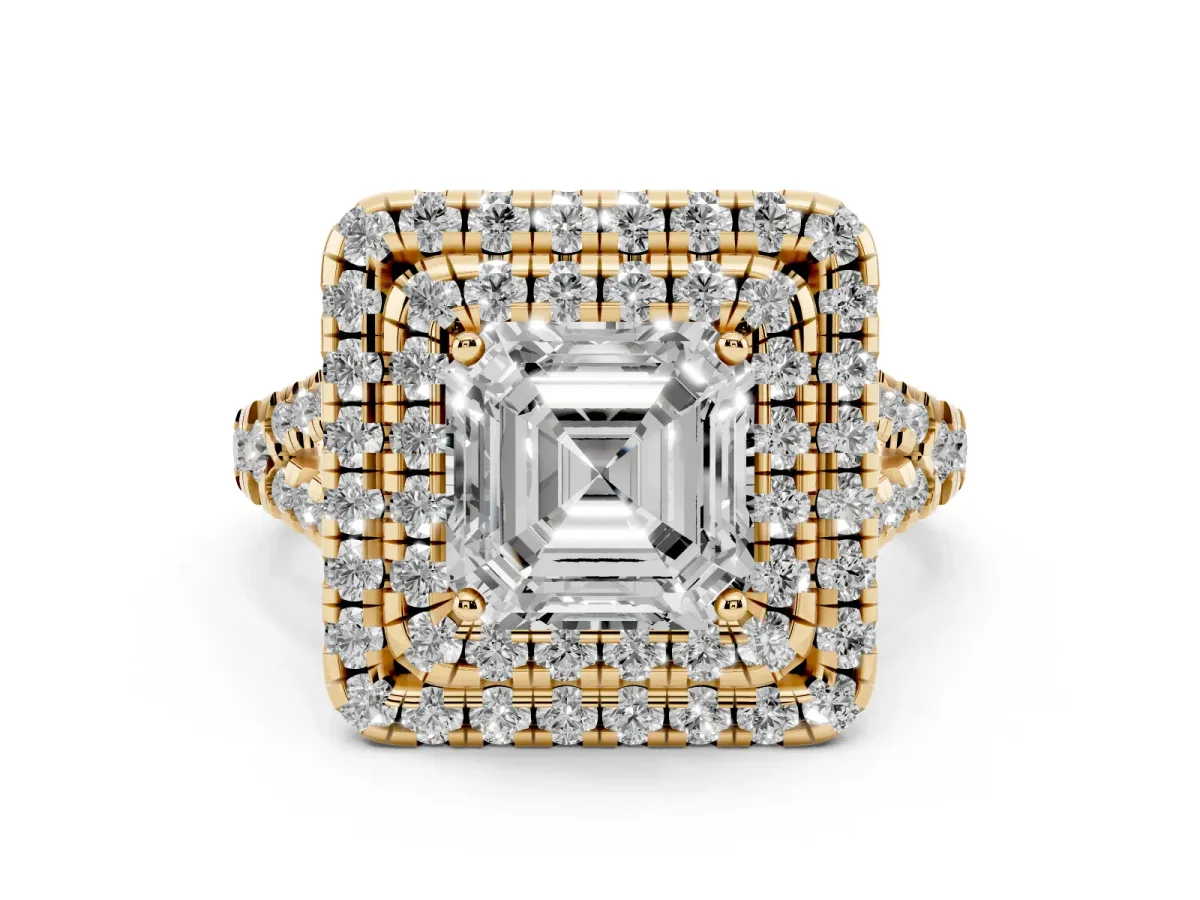 Asscher Cut Diamond Double Halo Ring Set in Yellow gold with Pavé Split Shank and Prong Setting