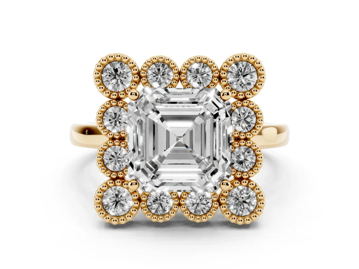 Asscher Cut Diamond Cluster Halo Ring Set in Yellow gold with Milgrain Bezel Accents and Plain Band