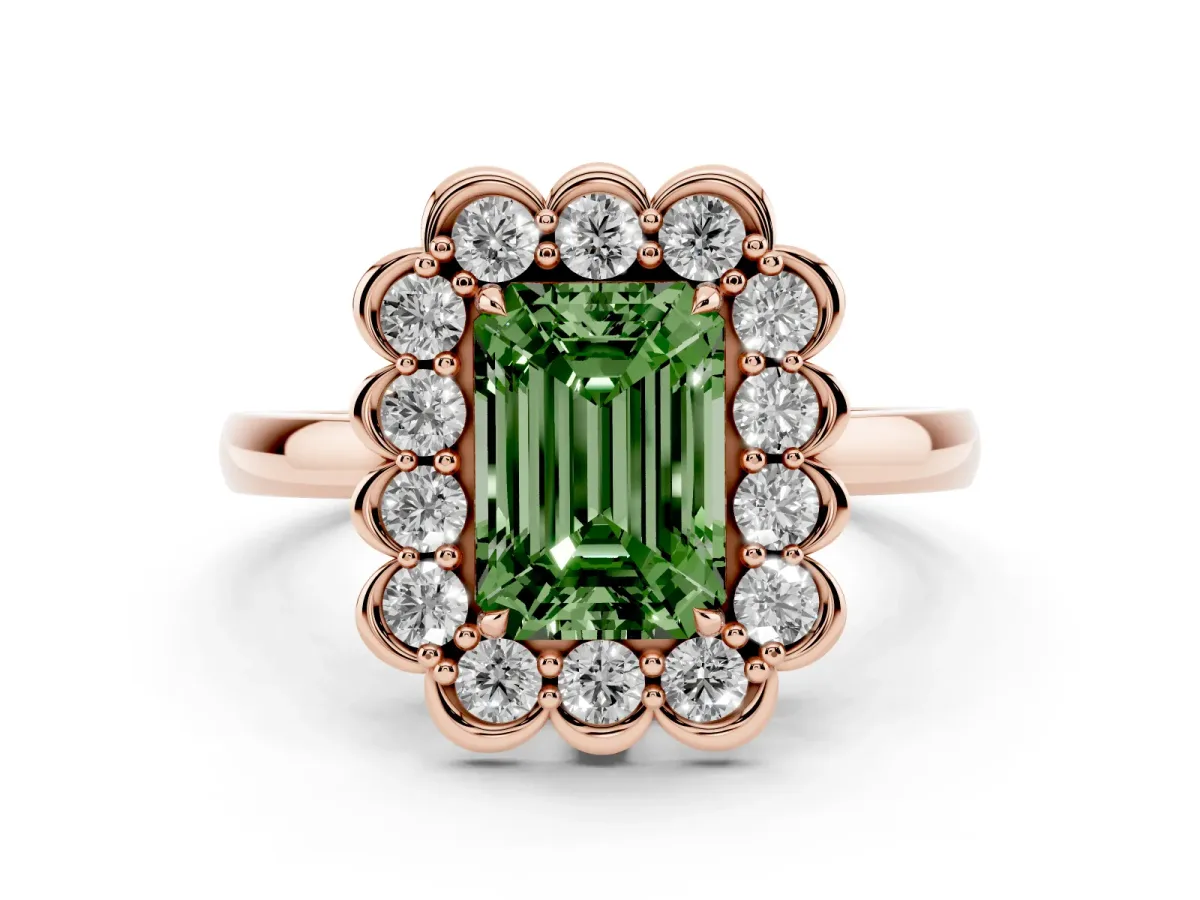 Fancy Green Emerald Cut Diamond Halo Cluster Engagement Ring Set in Rose gold with Solitaire Band and Prong Setting
