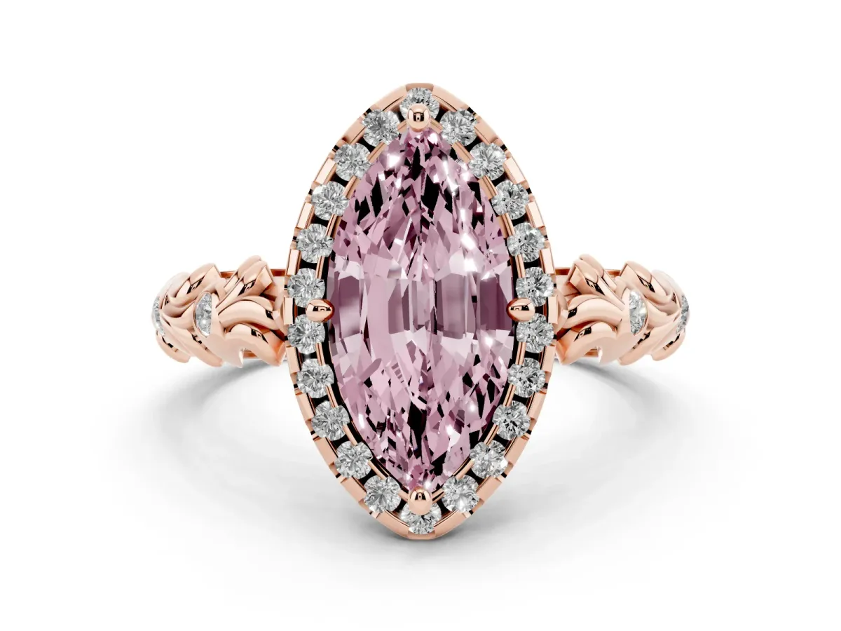 Fancy Pink Marquise Cut Diamond Halo Ring Set in Rose gold with Filigree Leaf Band and Prong Setting