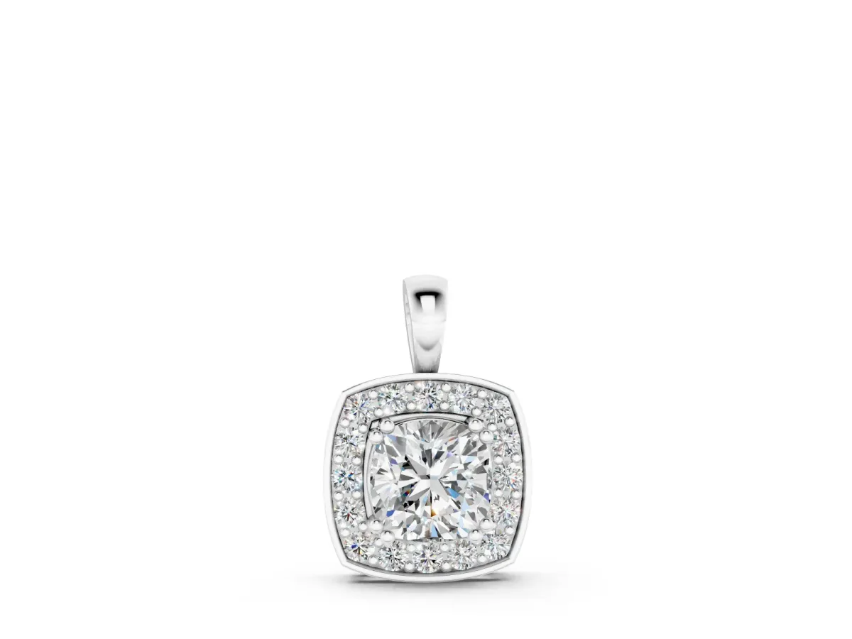Round Diamond Cushion Halo Pendant Set in Silver with Four-Prong Center