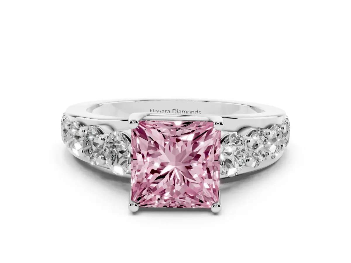 Fancy Pink Princess Cut Diamond Pavé Engagement Ring Set in Platinum with Prong Setting