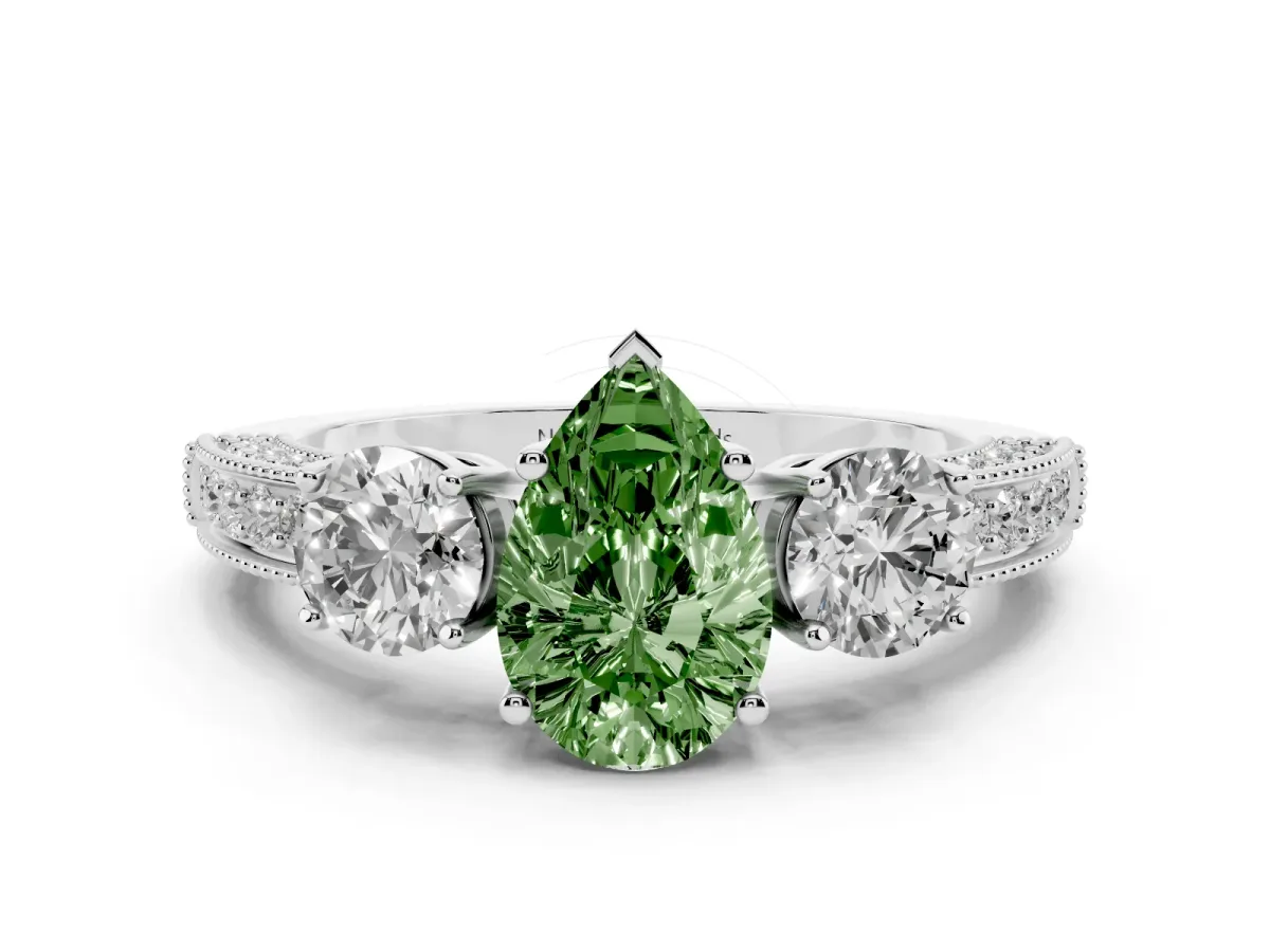 Fancy Green Pear Cut Diamond Three-Stone Ring Set in Silver with Round Side Stones and Pavé Band