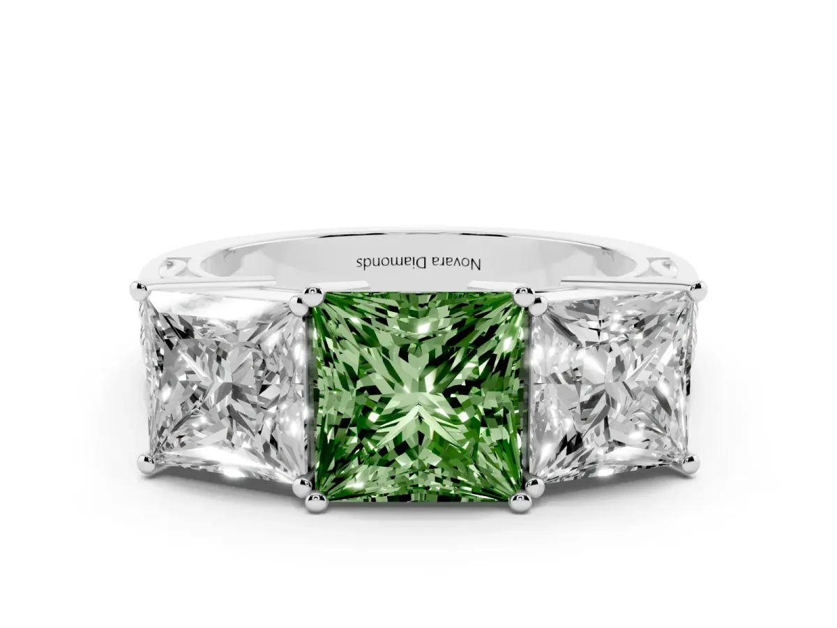 Fancy Green Princess Cut Diamond Three-Stone Ring Set in Platinum with Textured Band