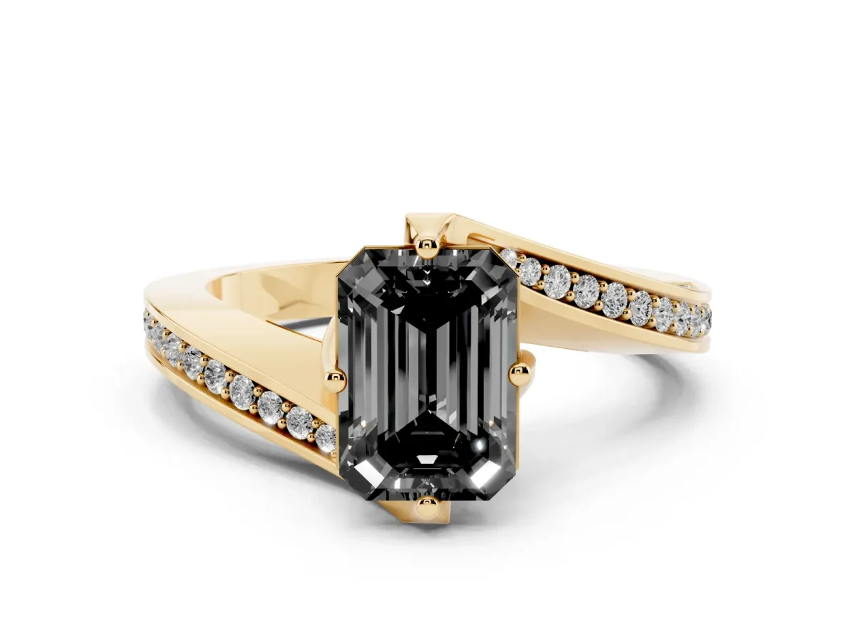 Fancy Black Emerald Cut Diamond Solitaire Ring Set in Yellow gold with Intertwined Pavé Twist Band