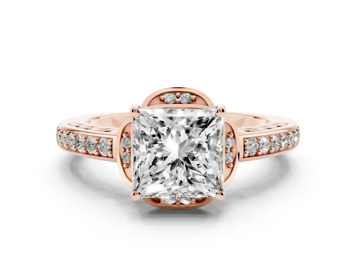 Princess Cut Diamond Halo Ring Set in Rose gold with Channel Set Band and Prong Setting