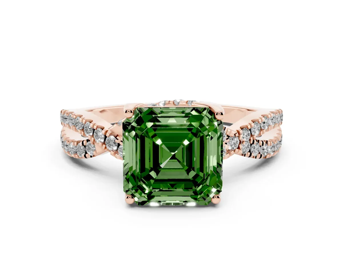 Fancy Green Asscher Cut Diamond Twist Pavé Solitaire Engagement Ring Set in Rose gold with Prong Setting