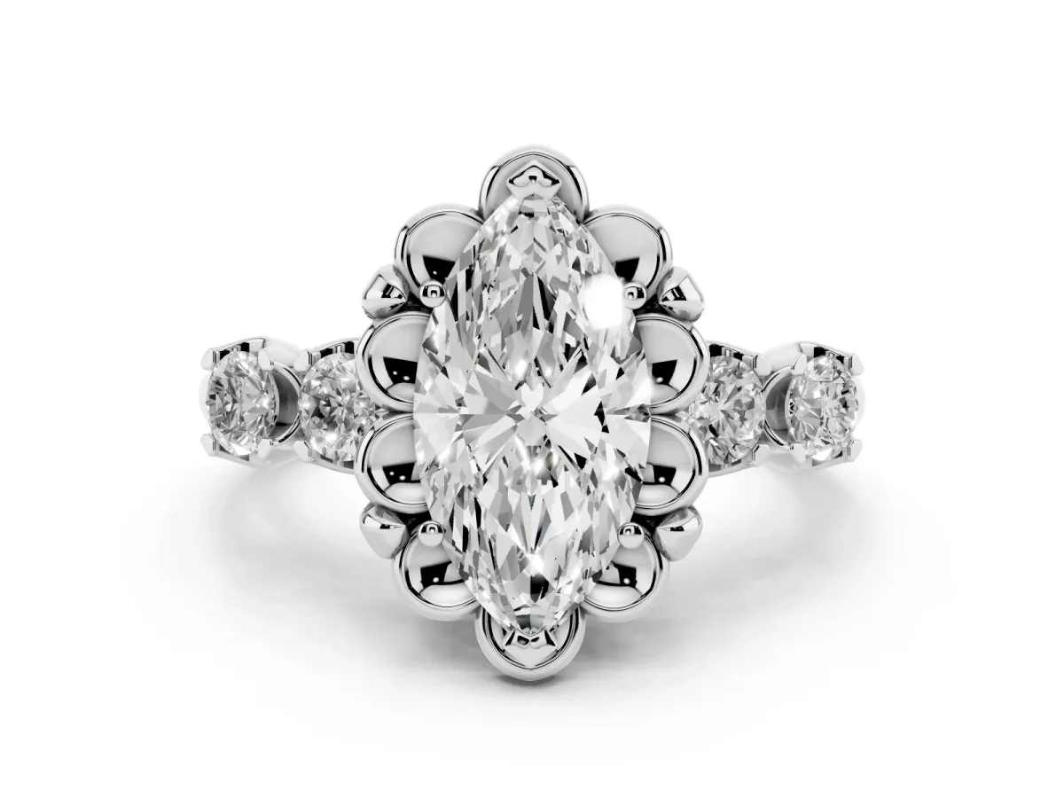 Marquise Cut Diamond Floral Halo Ring Set in White gold with Shared Prong Band