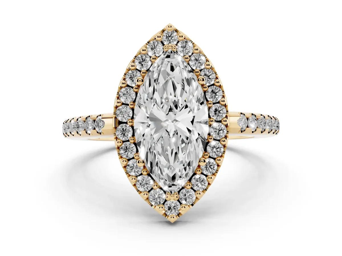 Marquise Cut Diamond Pavé Halo Ring Set in Yellow gold with Prong Setting