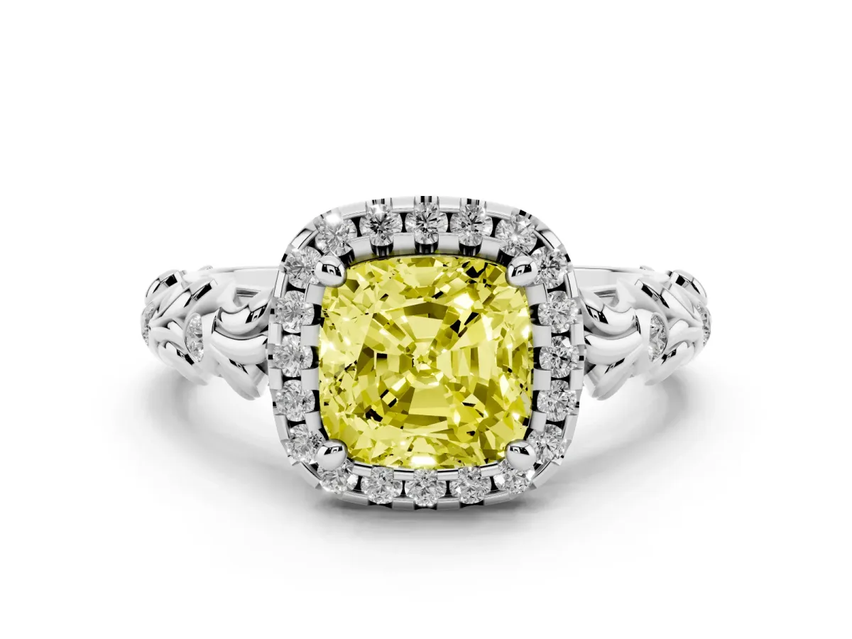 Fancy Yellow Cushion Cut Diamond Halo Ring Set in Silver with Filigree Leaf Band and Prong Setting