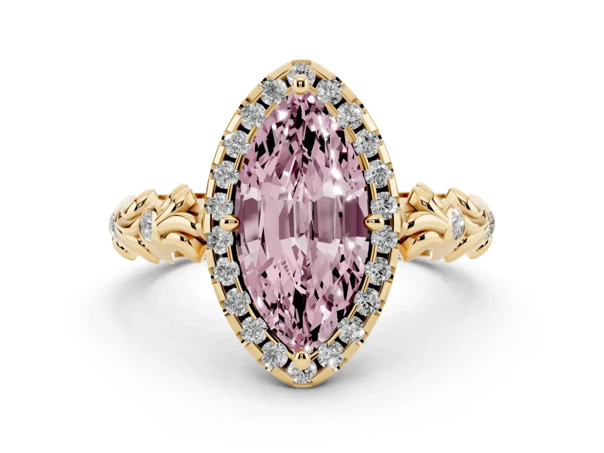 Fancy Pink Marquise Cut Diamond Halo Ring Set in Yellow gold with Filigree Leaf Band and Prong Setting