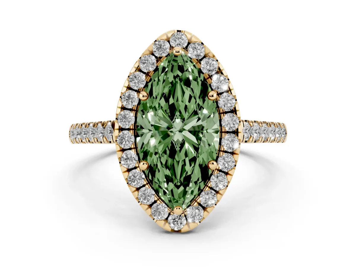 Fancy Green Marquise Cut Diamond Pavé Halo Engagement Ring Set in Yellow gold with Pavé Band and Prong Setting