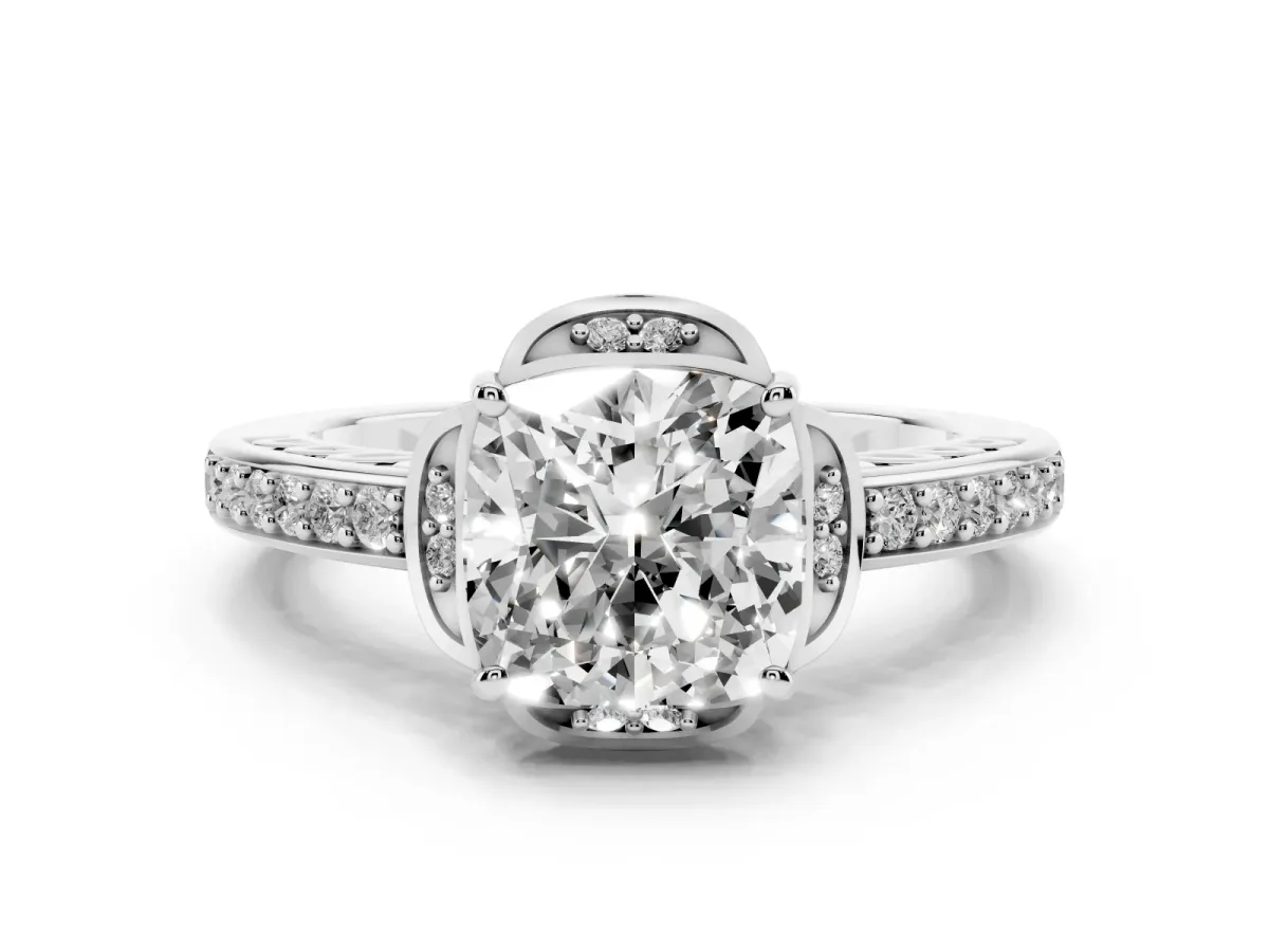 Cushion Cut Diamond Halo Ring Set in Silver with Channel Set Band and Prong Setting
