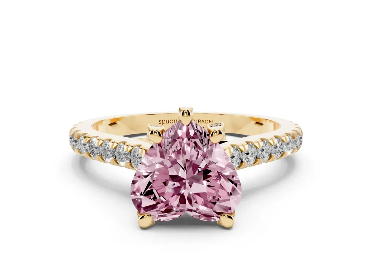 Fancy Pink Heart Cut Diamond Solitaire Ring Set in Yellow gold with Brilliant Pavé Band and Prong Setting
