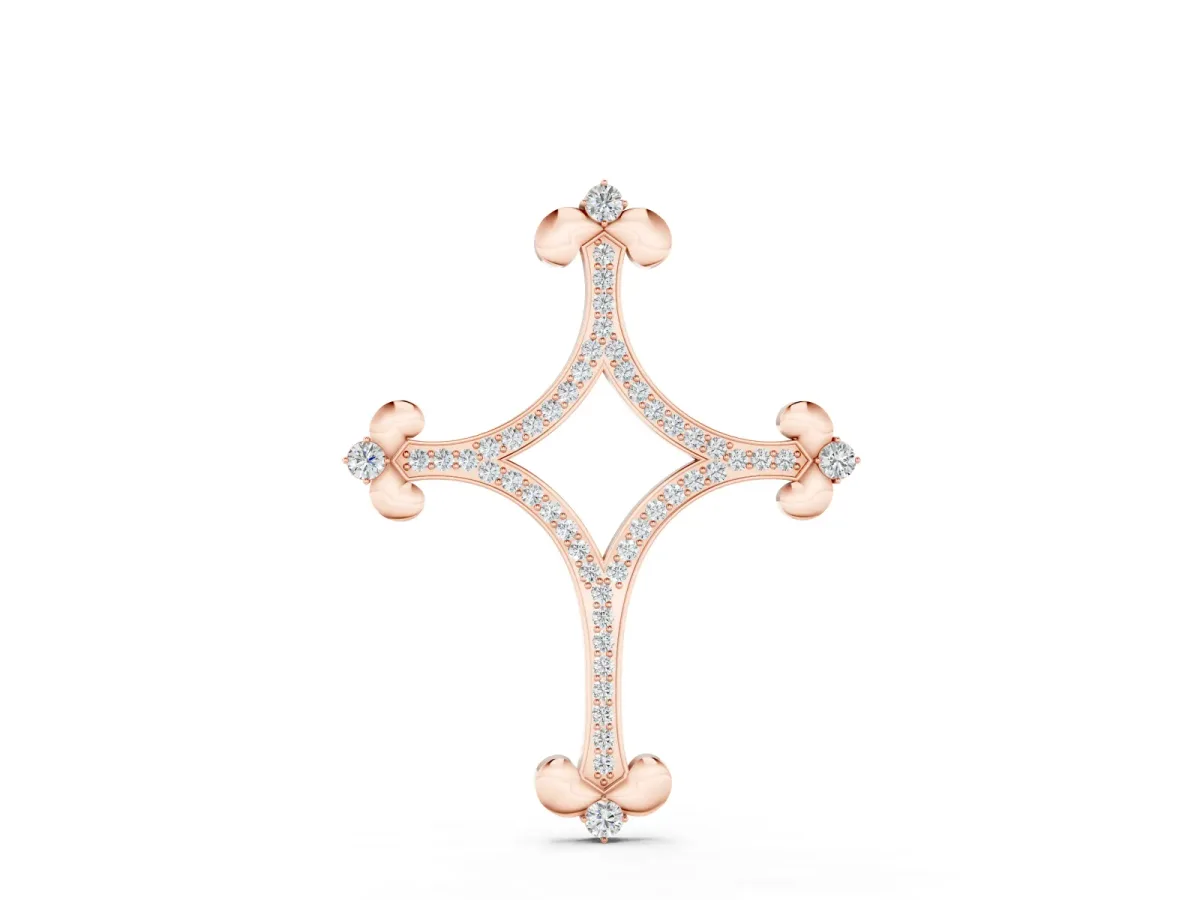 Pavé Diamond Cushion Cross Pendant Set in Rose gold with Fleur-de-Lis Prongs