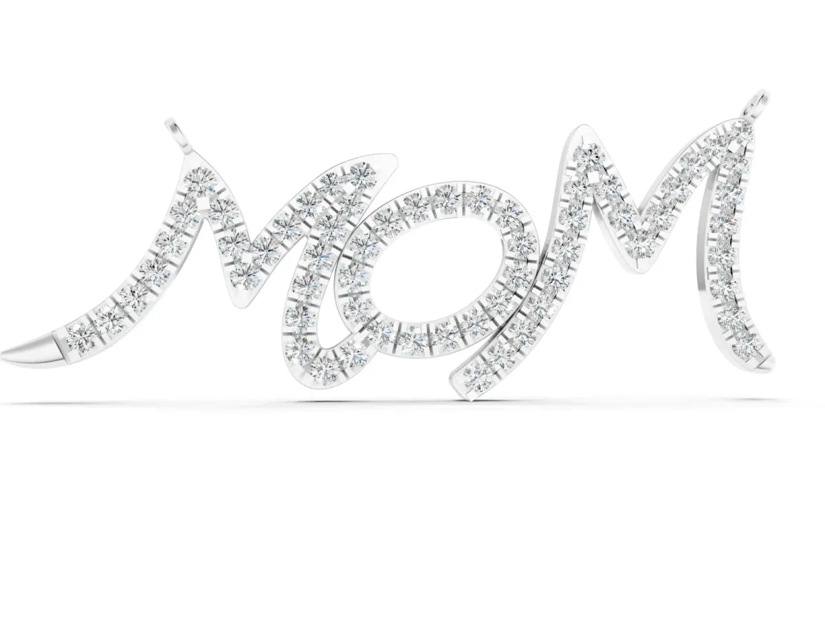 Pavé Round Diamond Mom Script Pendant Set in Silver with Prong Setting