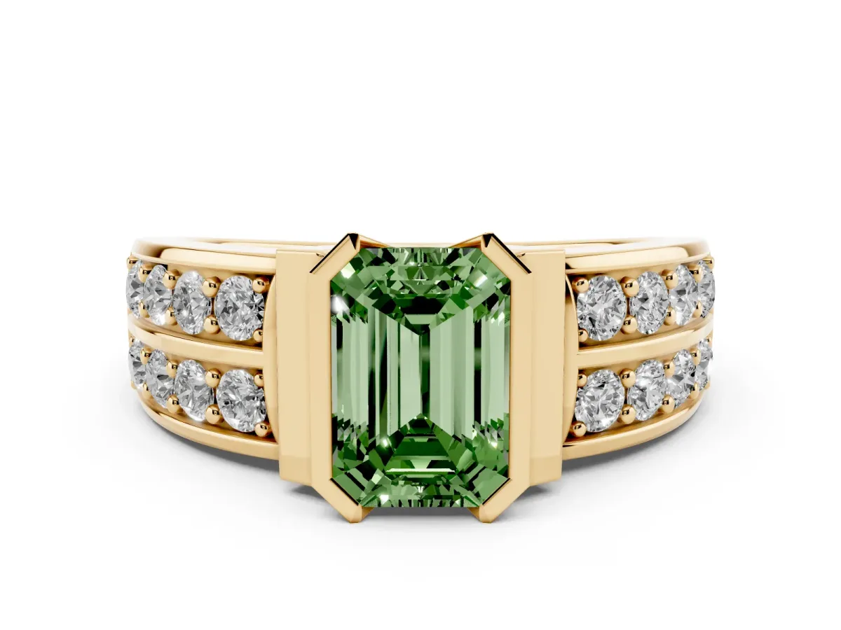 Fancy Green Emerald Cut Diamond Wide Channel Set Band Ring Set in Yellow gold with Bezel Setting