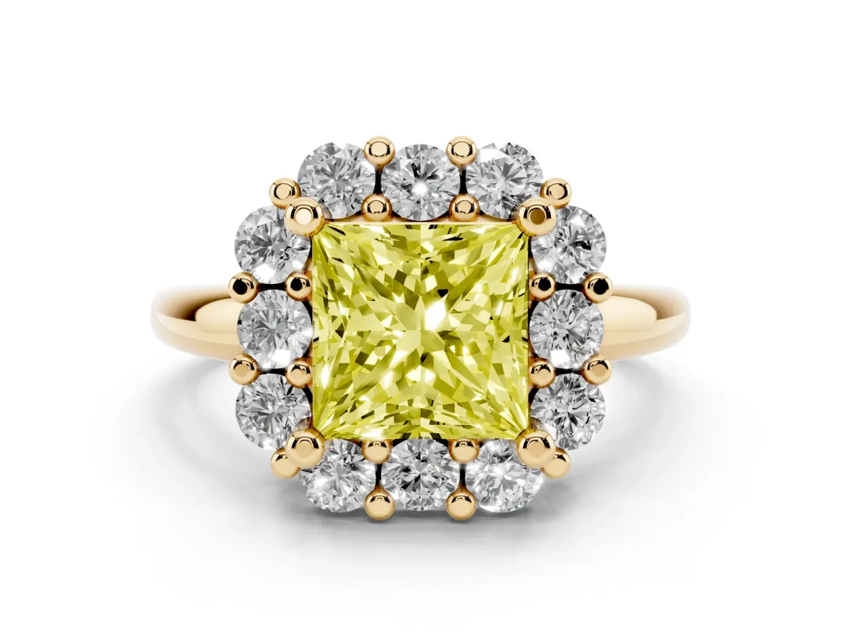 Fancy Yellow Princess Cut Diamond Halo Cluster Engagement Ring Set in Yellow gold with Polished Band and Prong Setting