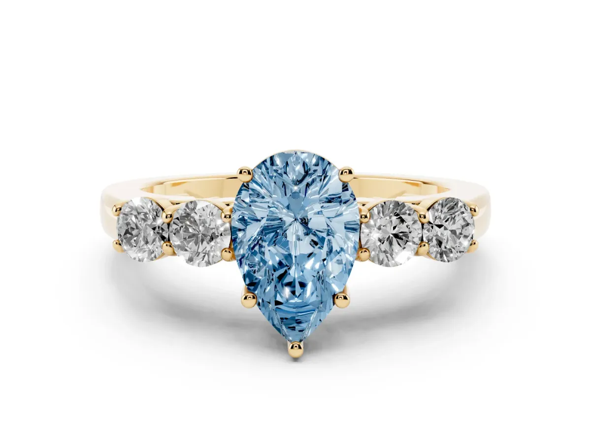 Fancy Blue Pear Cut Diamond Five-Stone Prong Set Band Ring Set in Yellow gold with Polished Band