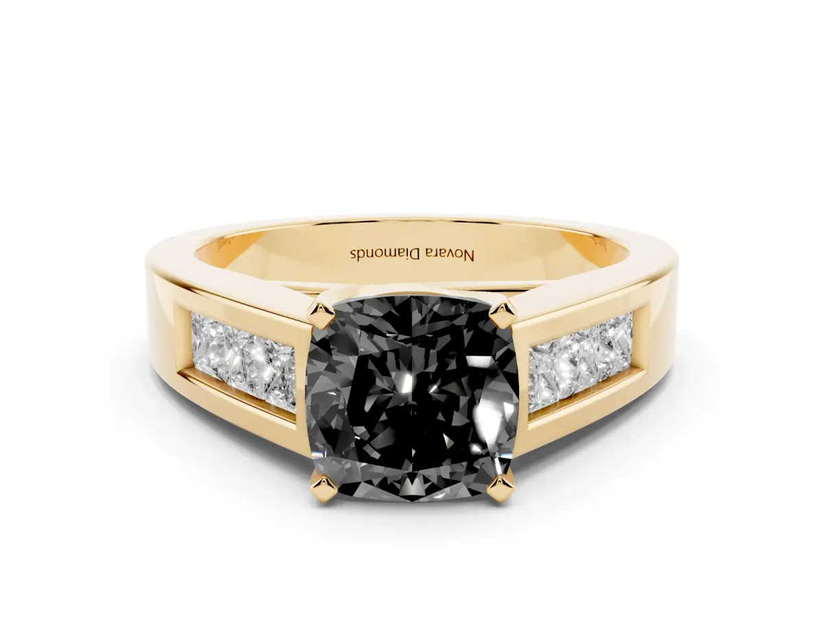 Fancy Black Cushion Cut Diamond Solitaire Ring Set in Yellow gold with Channel-Set Accent Stones and Prong Setting