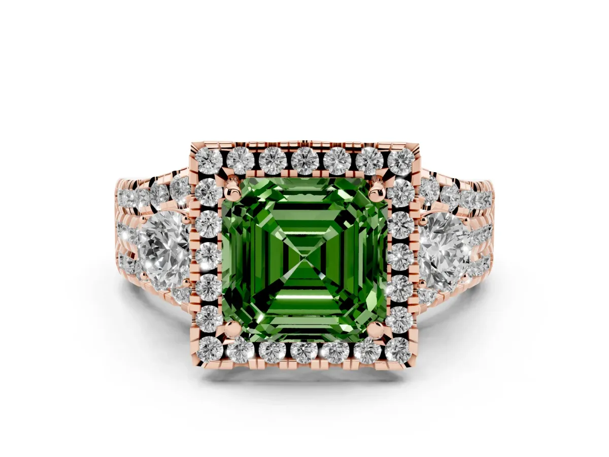 Fancy Green Asscher Cut Diamond Halo Split Shank Ring Set in Rose gold with Round Accent Stones and Prong Setting