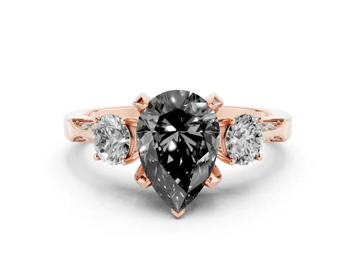 Fancy Black Pear Cut Diamond Three-Stone Ring Set in Rose gold with Pavé Band and Smaller Side Stones