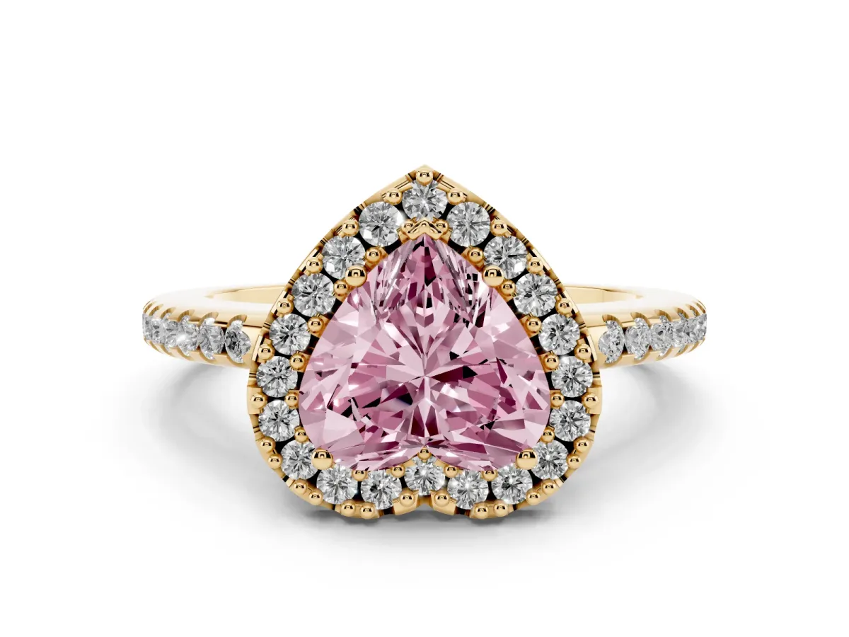 Fancy Pink Heart Cut Diamond Pavé Halo Ring Set in Yellow gold with Prong Setting