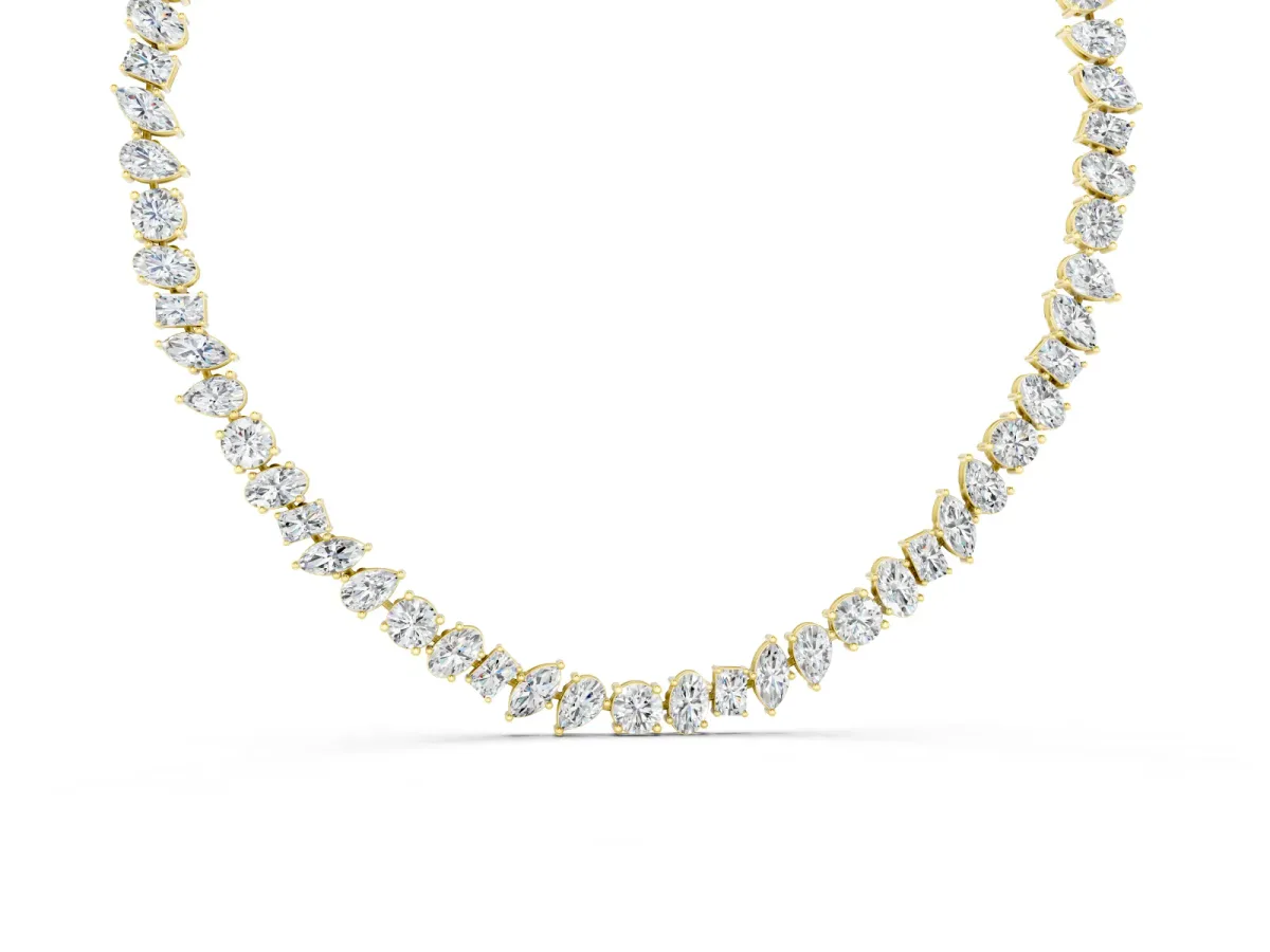 Mixed Shape Diamond Tennis Necklace Set in Yellow gold with Round, Oval and Pear Stones