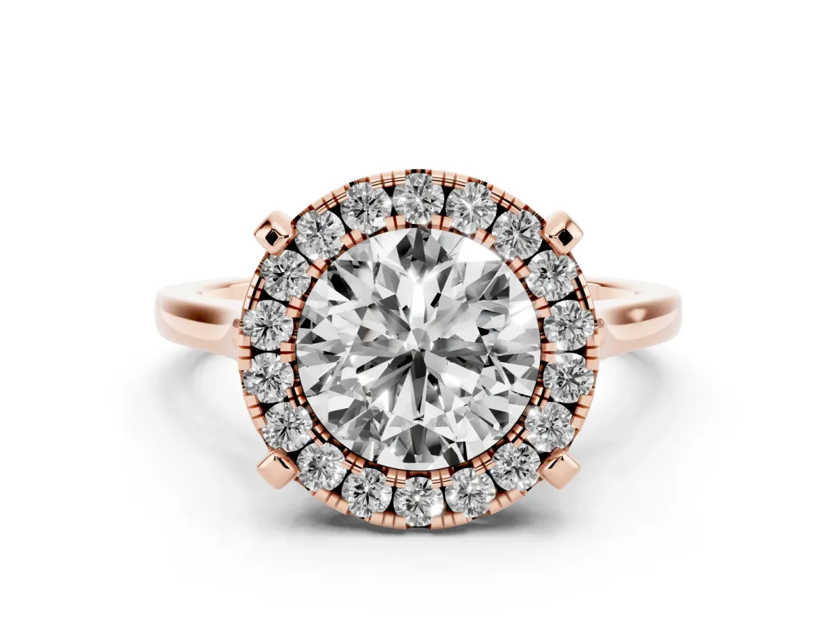 Round Cut Diamond Cluster Halo Solitaire Ring Set in Rose gold with Prong Setting