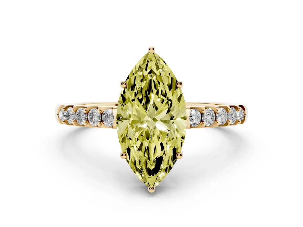 Fancy Yellow Marquise Cut Diamond Solitaire Engagement Ring Set in Yellow gold with Pavé Band and Prong Setting