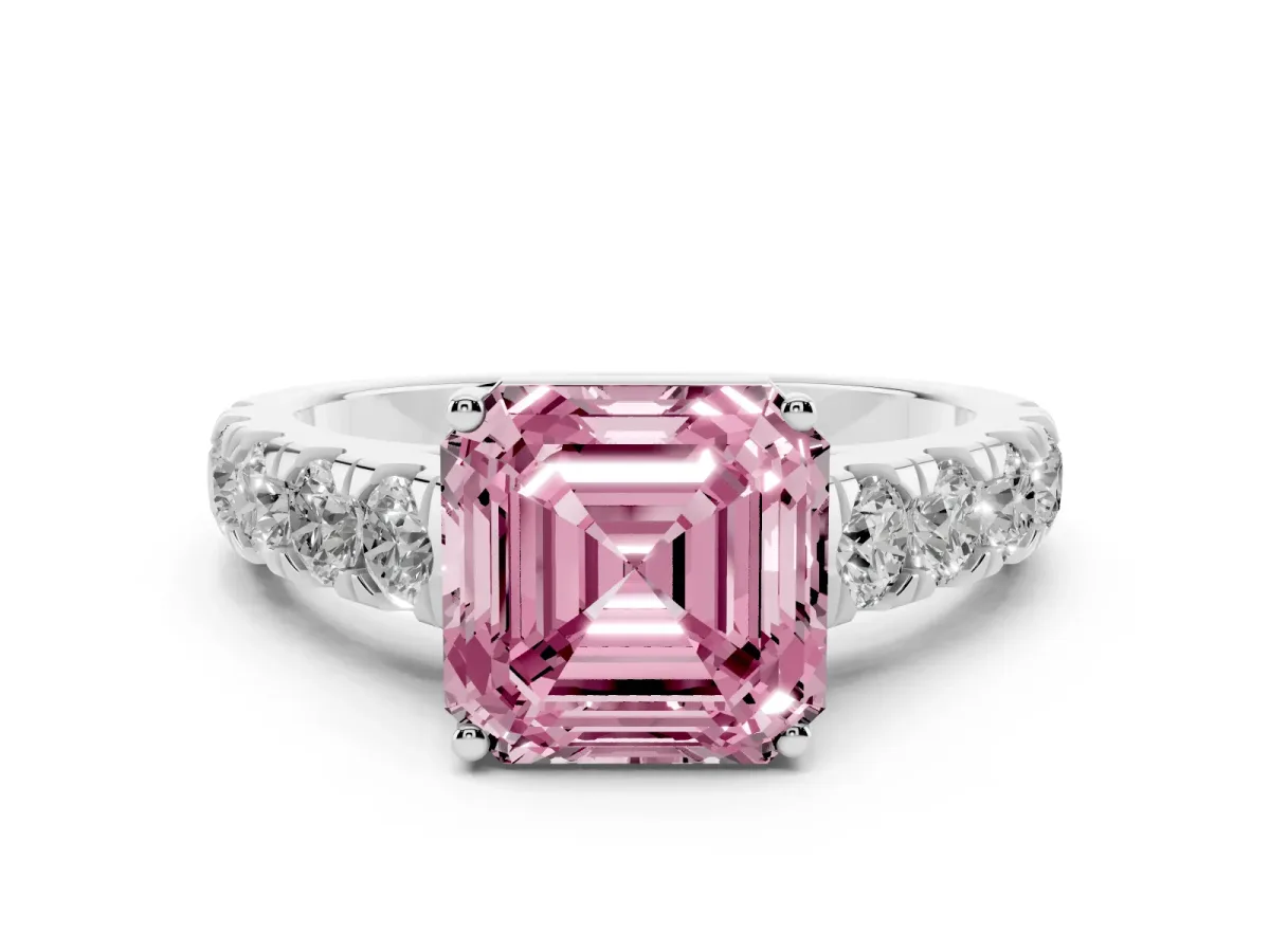 Fancy Pink Asscher Cut Diamond Solitaire Ring Set in White gold with Cut-Down Micro Pavé Band and Prong Setting