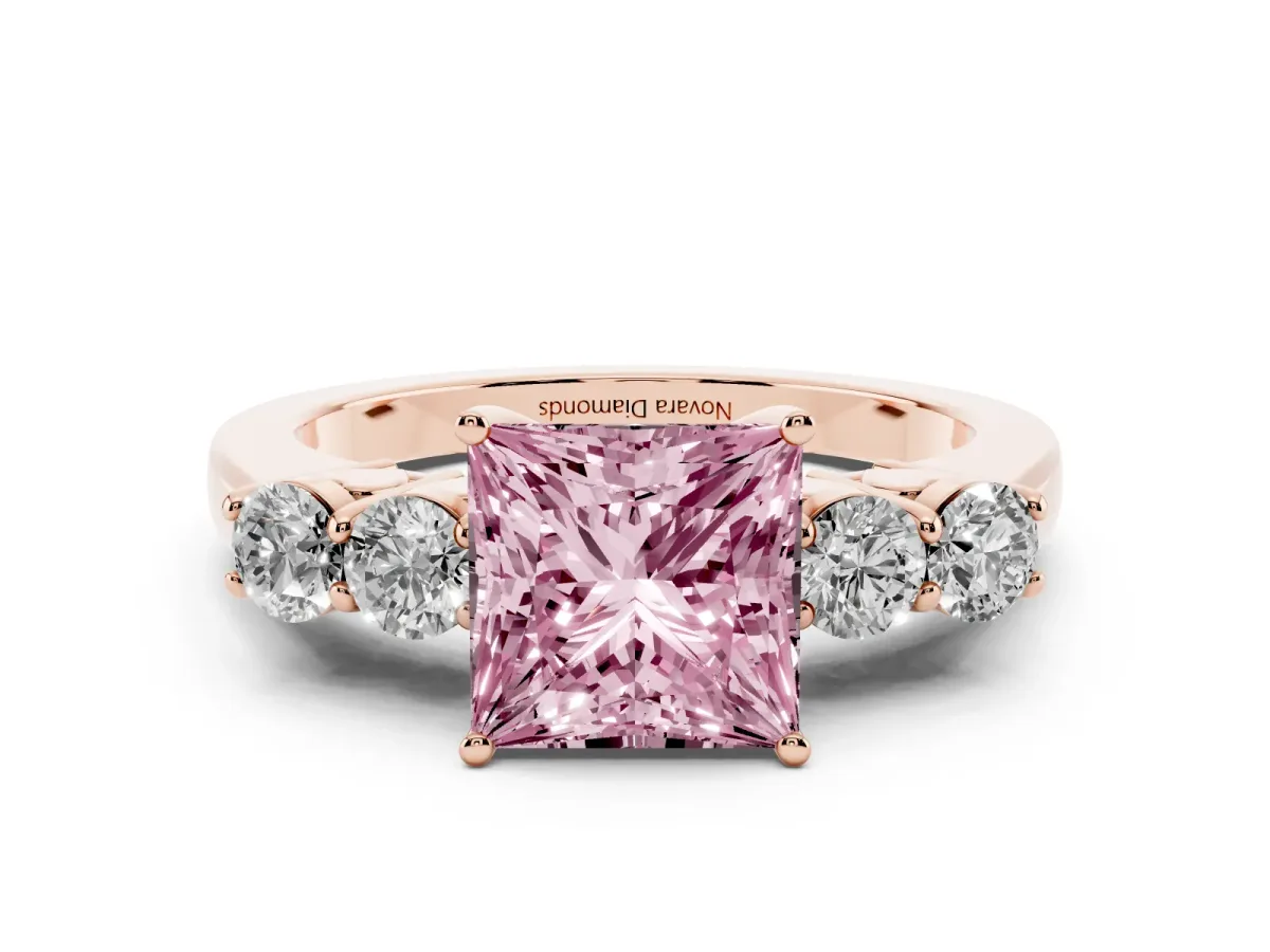 Fancy Pink Princess Cut Diamond Five-Stone Prong Set Band Ring Set in Rose gold with Polished Band
