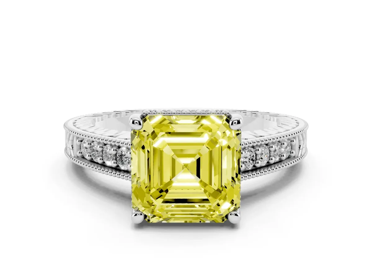 Fancy Yellow Asscher Cut Diamond Solitaire Pavé Milgrain Engagement Ring Set in Platinum with Prong Setting