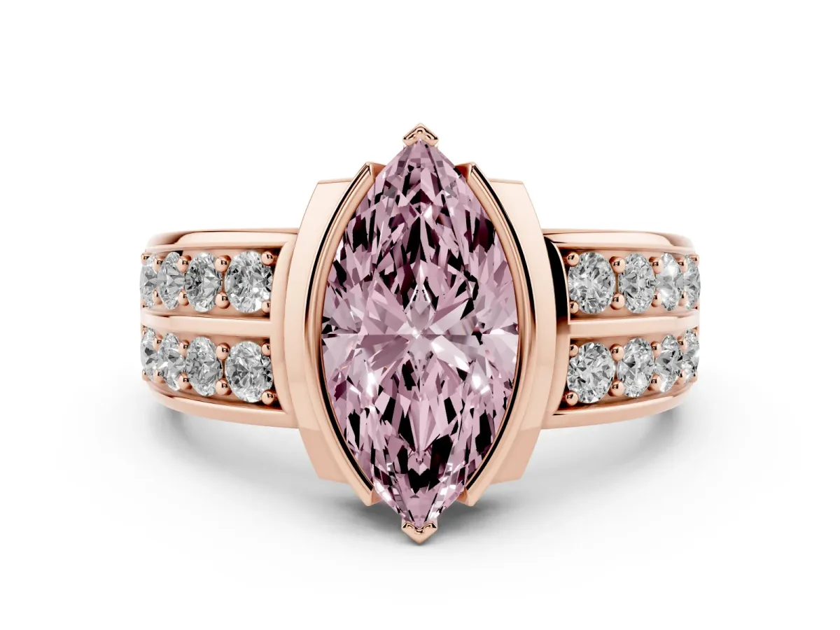 Fancy Pink Marquise Cut Diamond Wide Channel Set Band Ring Set in Rose gold with Bezel Setting