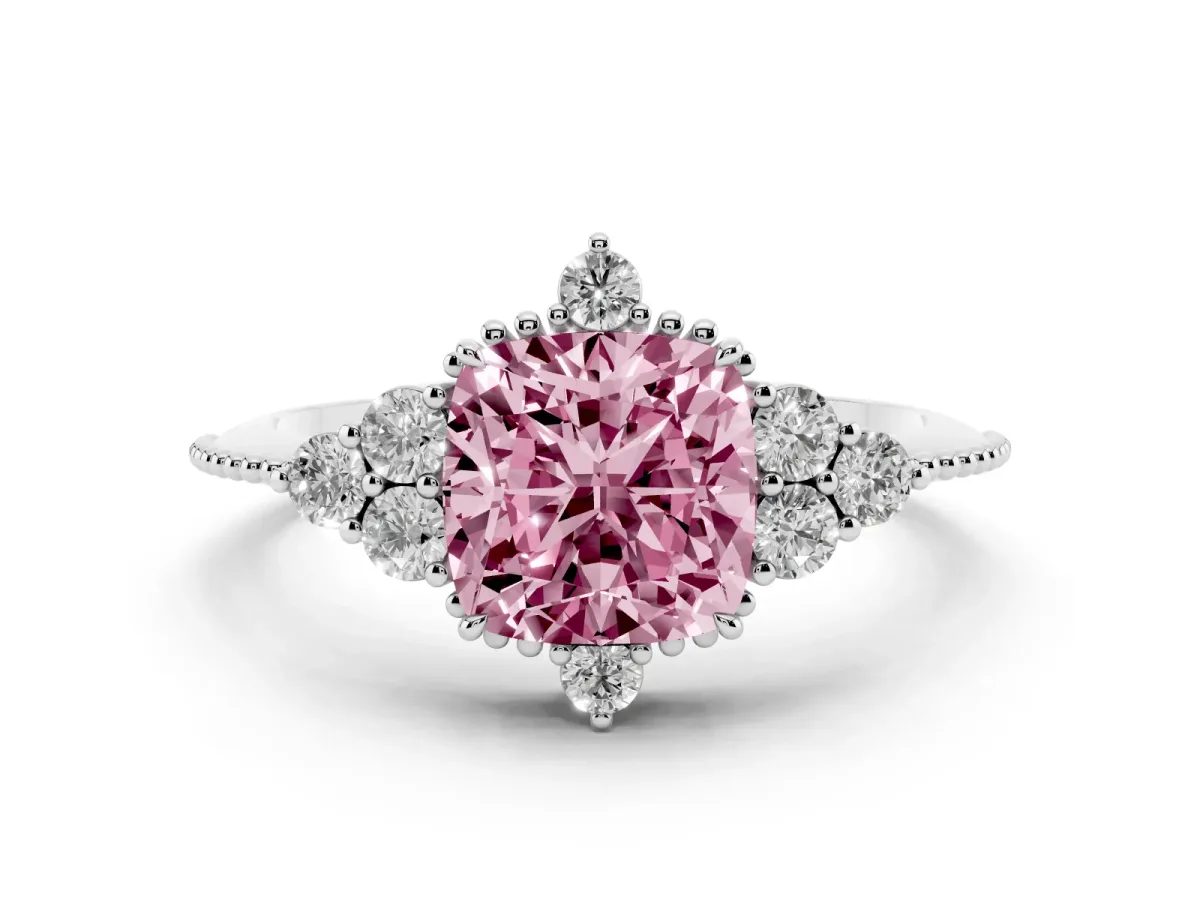 Fancy Pink Cushion Cut Diamond Cluster Ring Set in White gold with Beaded Band