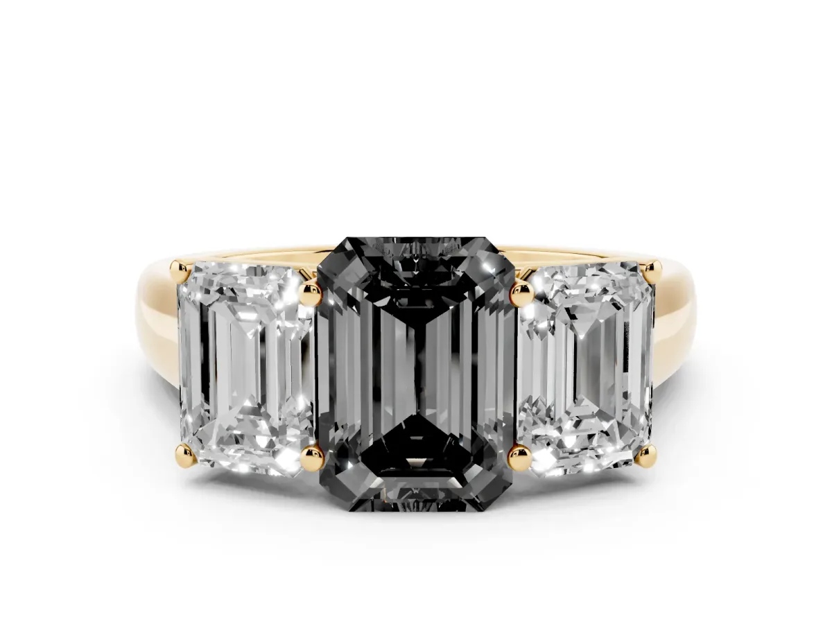 Fancy Black Emerald Cut Diamond Three-Stone Ring Set in Yellow gold with Plain Polished Band
