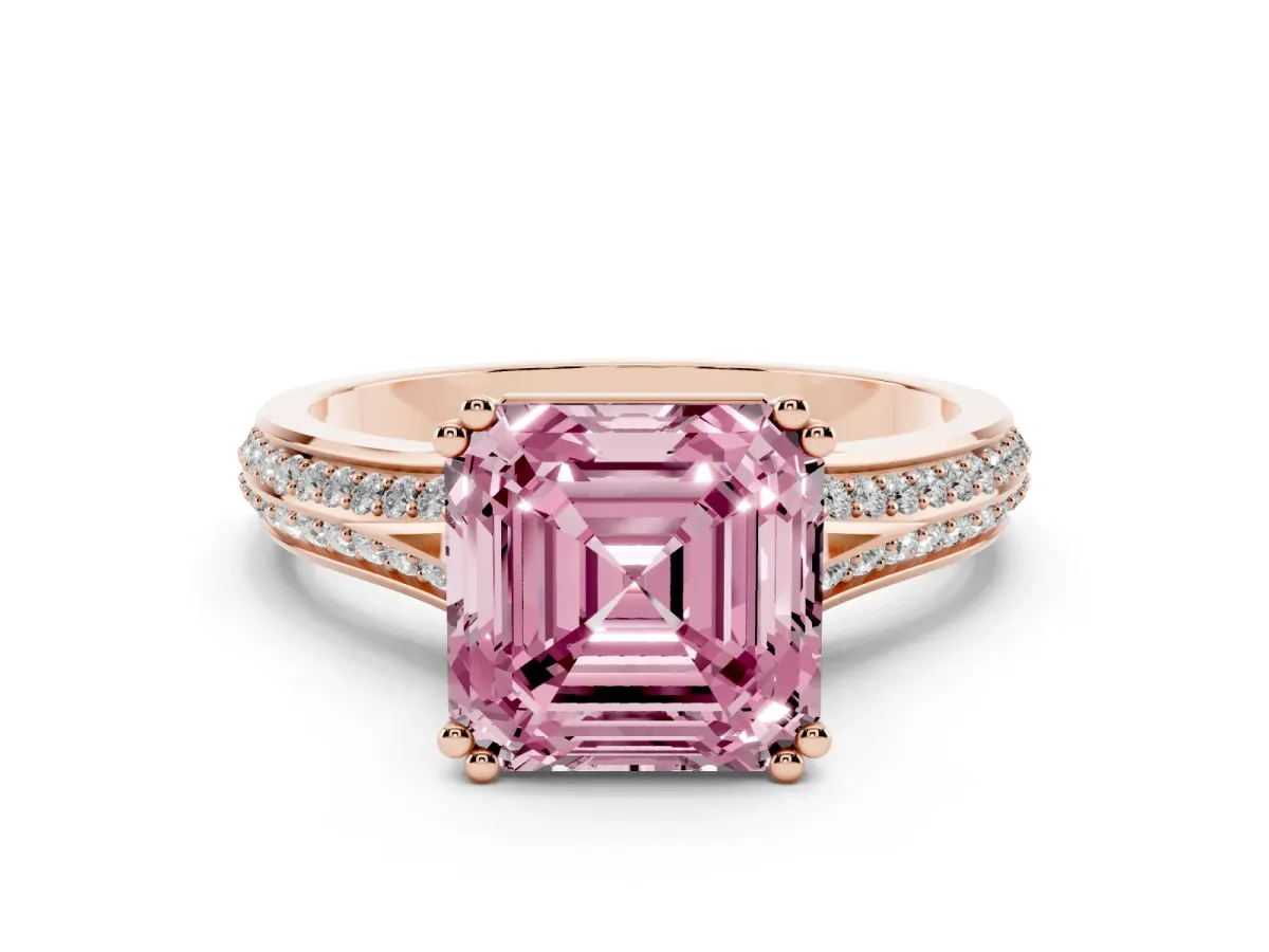 Fancy Pink Asscher Cut Diamond Split Shank Pavé Engagement Ring Set in Rose gold with Prong-Set Center Stone