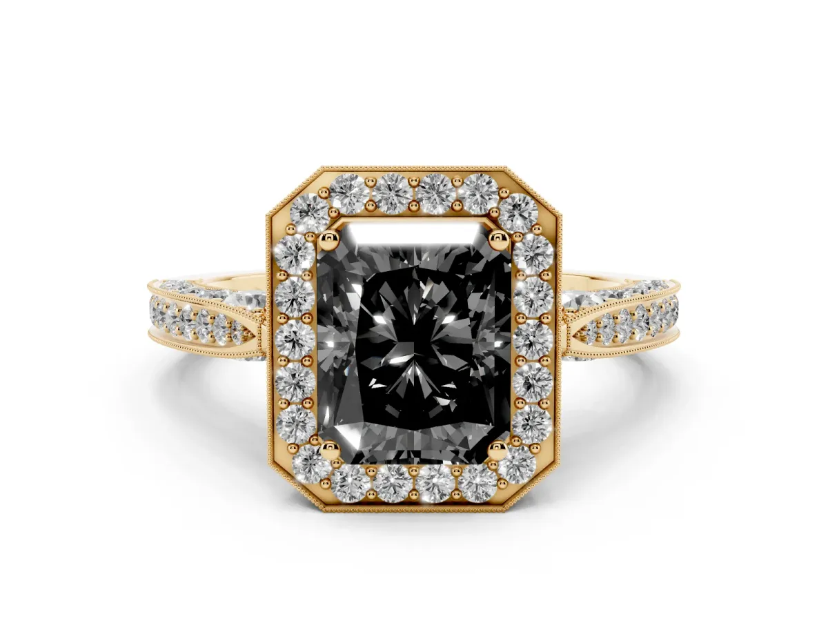 Fancy Black Radiant Cut Diamond Halo Engagement Ring Set in Yellow gold with Accent Split Shank Band