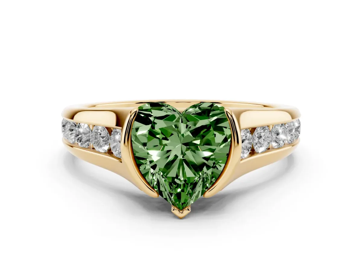 Fancy Green Heart Cut Diamond Bezel-Set Solitaire Ring Set in Yellow gold with Channel-Set Band