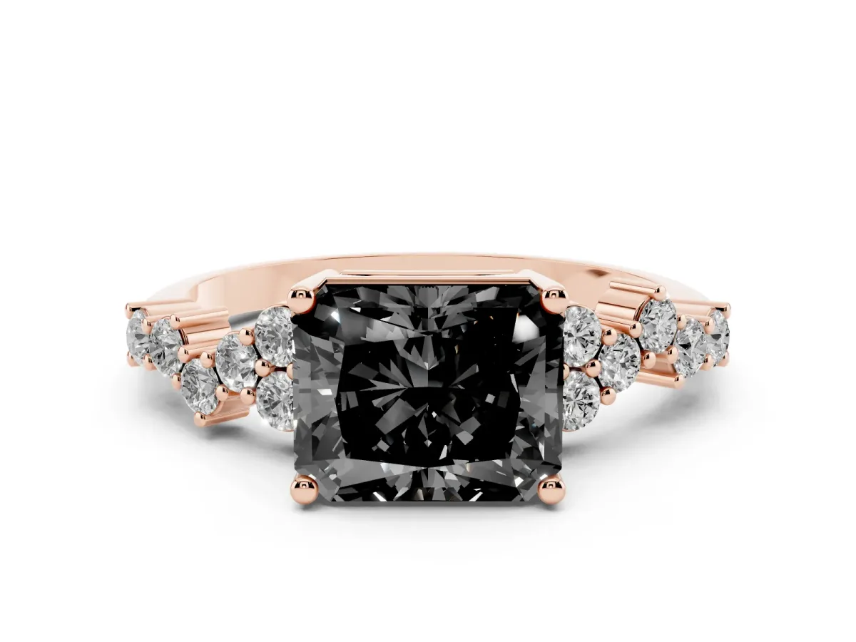 Fancy Black Radiant Cut Diamond Ring Set in Rose gold with Scattered Round Accents