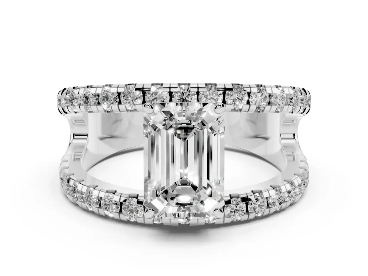 Emerald Cut Diamond Split Shank Pavé Solitaire Ring Set in Platinum with Open Shank Design