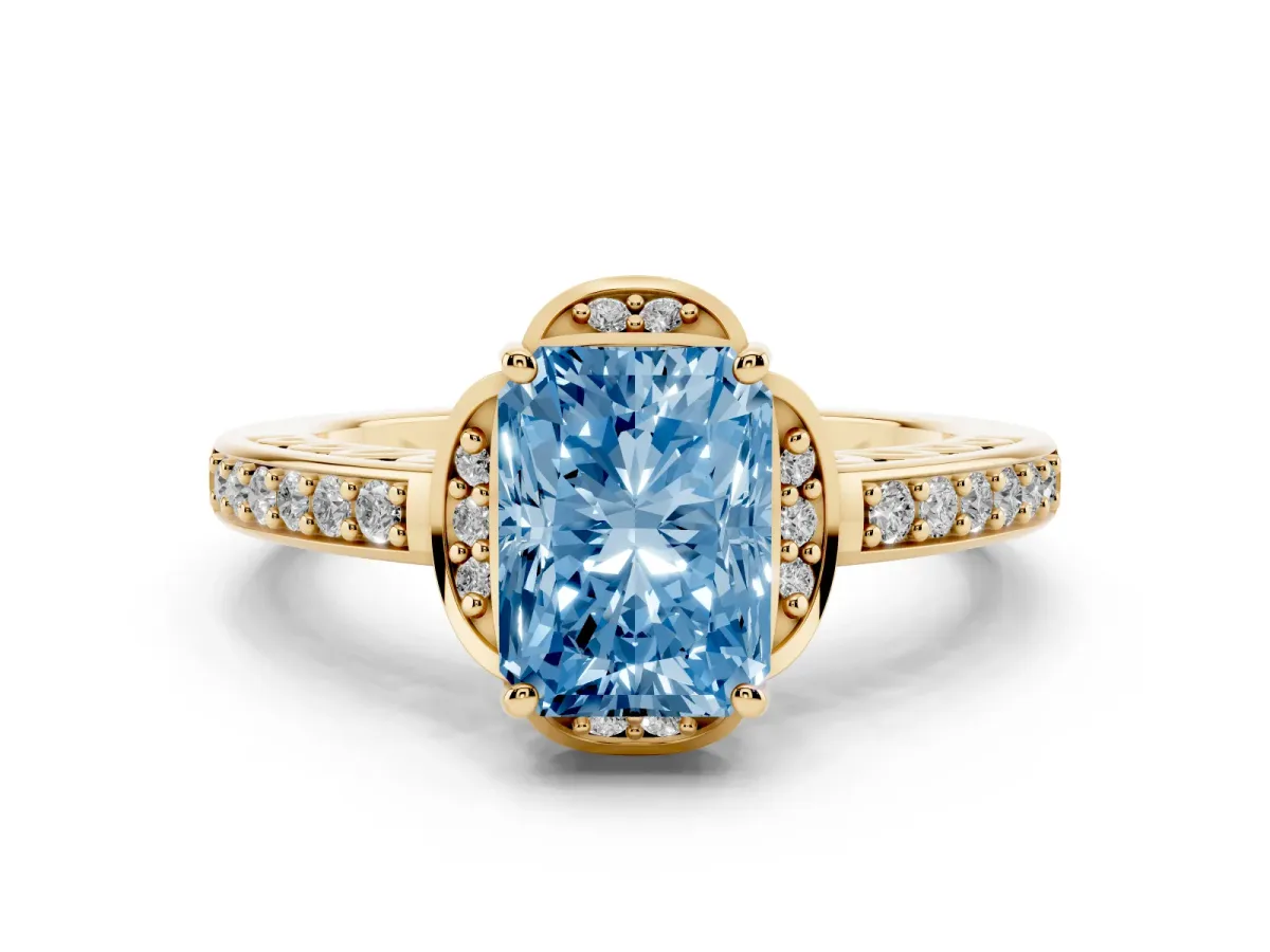 Fancy Blue Radiant Cut Diamond Halo Ring Set in Yellow gold with Channel Set Band and Prong Setting