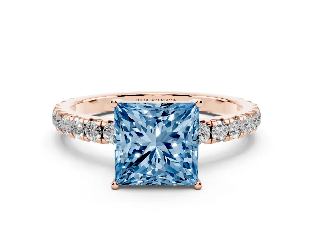 Fancy Blue Princess Cut Diamond Pavé Solitaire Engagement Ring Set in Rose gold with Prong Setting